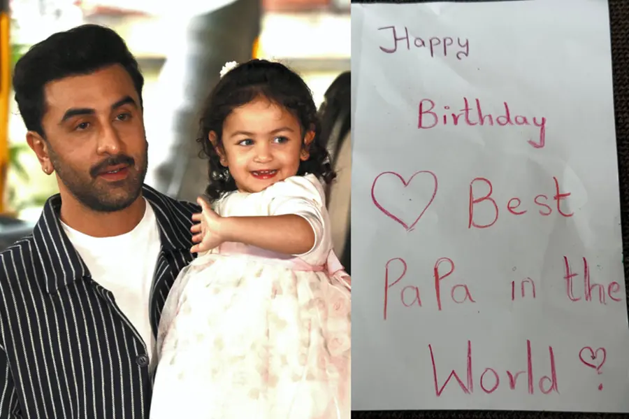Ranbir Kapoor with daughter Raha. Raha's Handwritten birthday card at right side