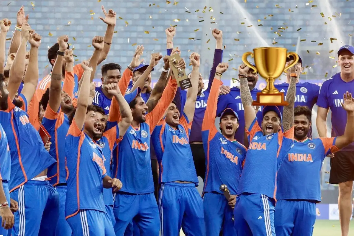 Celebrating the win, Suryakumar Yadav shared a team photo on X, featuring an added trophy icon. | Photo: X@surya_14kumar