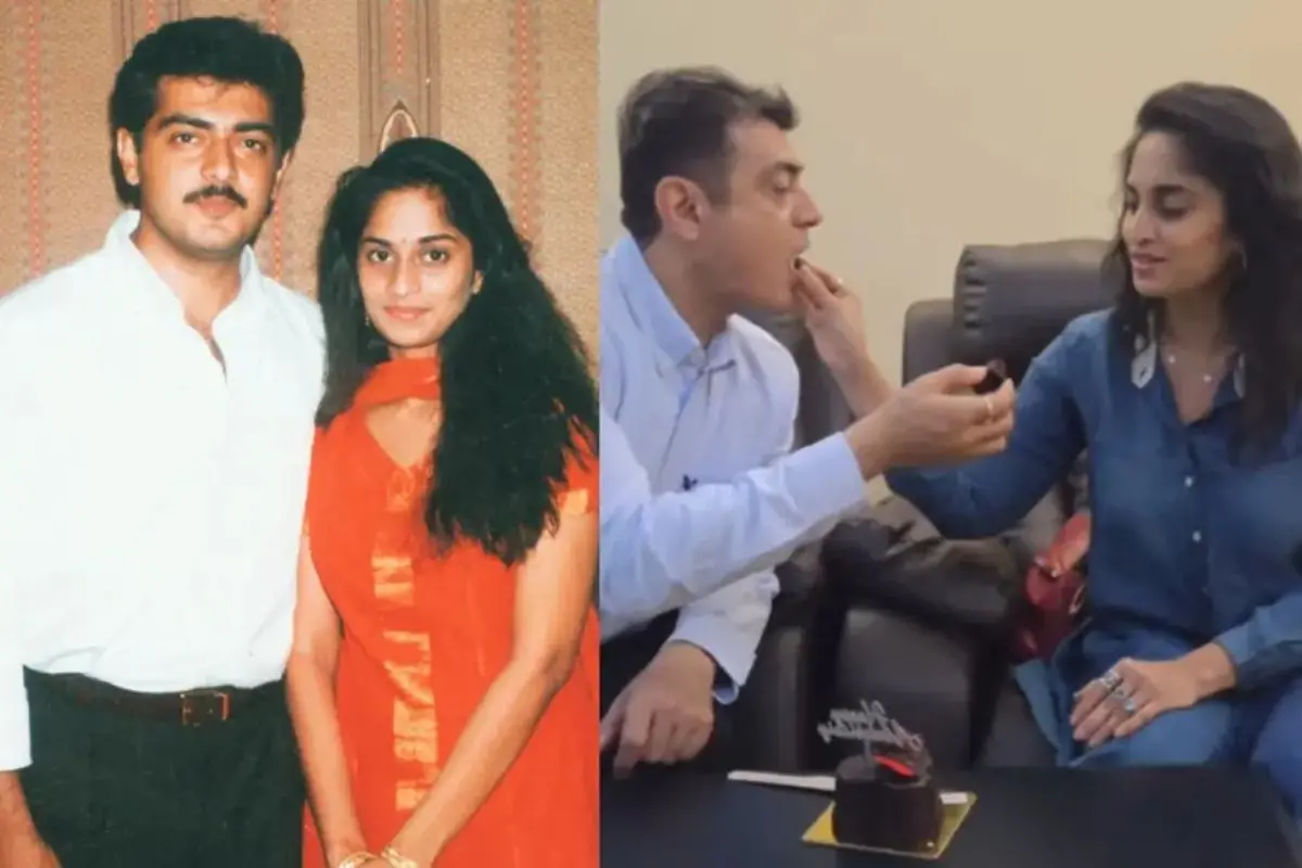 An old photograph of Ajith Kumar and Shalini, the duo celebrating their wedding anniversary. | Photos: X/Archives