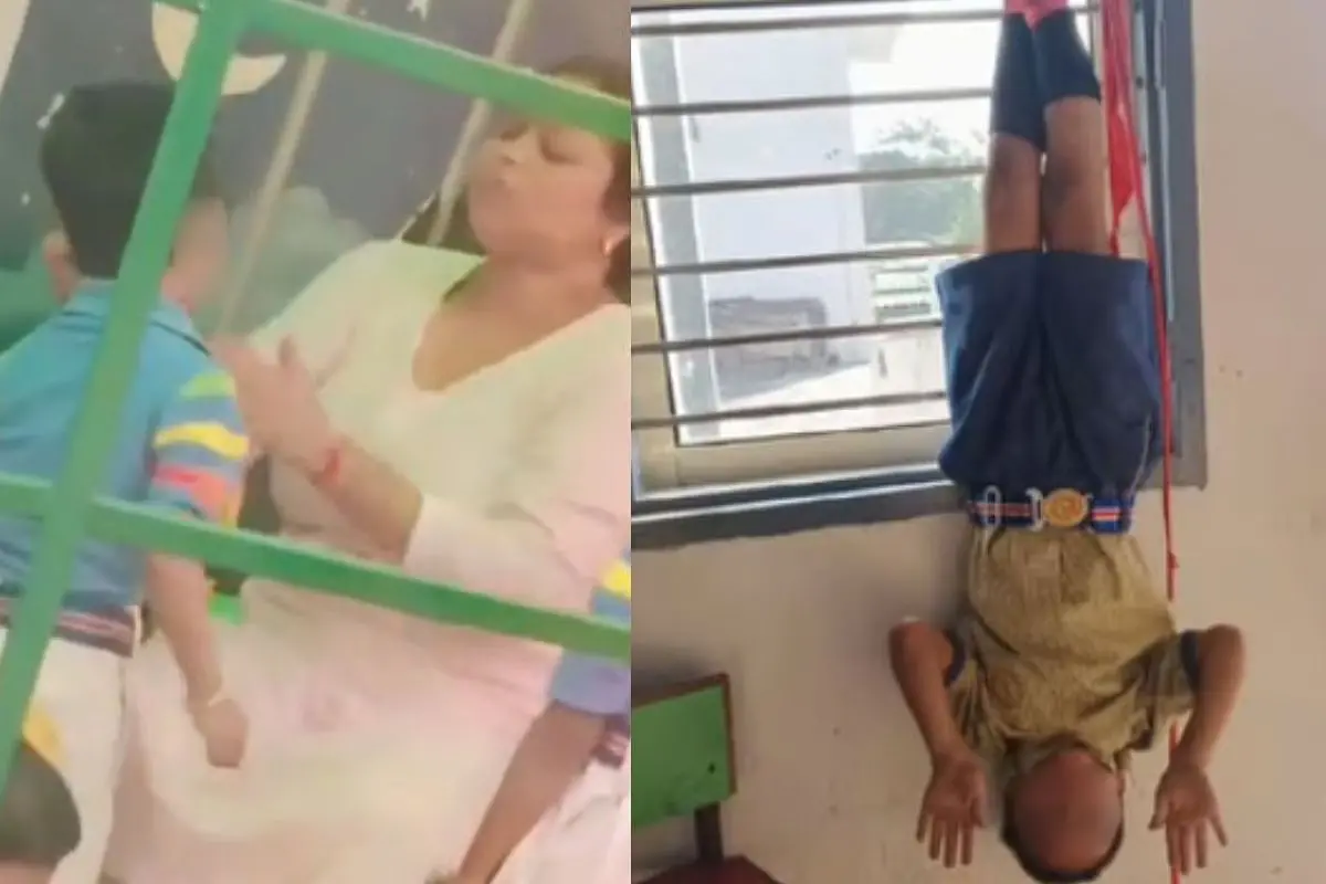 The class 2 student in Panipat tied with ropes and hung upside down from a school window before being beaten by the driver. Photo: X