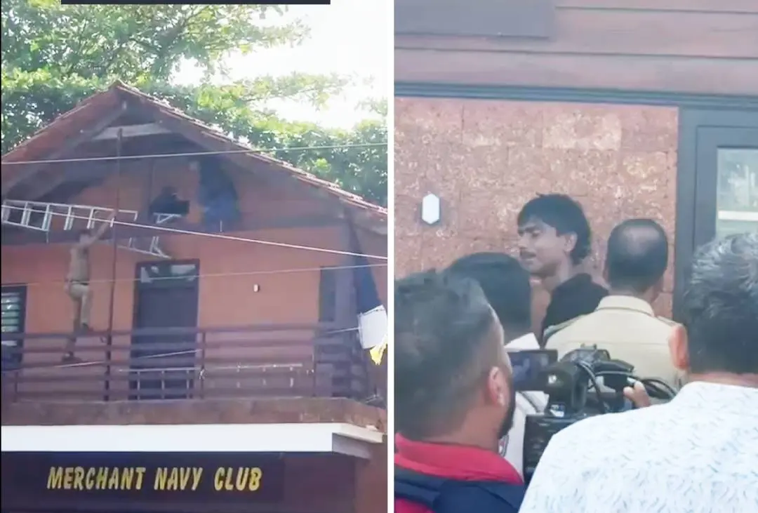 യുവാവിനെ താഴെയിറക്കാൻ പോലീസും ഫയർഫോഴ്സും ചേർന്ന് ശ്രമിക്കുന്നു (1), താഴെയിറക്കിയപ്പോൾ (2).