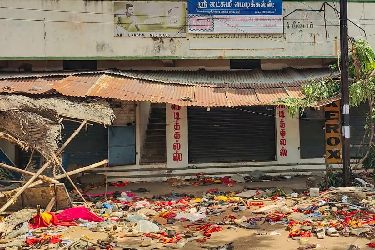 Footwear and other belongings of people, who attended the rally of actor and Tamilaga Vetri Kazhagam (TVK) chief Vijay, lie on a road in the aftermath of the stampede (Photo: PTI)