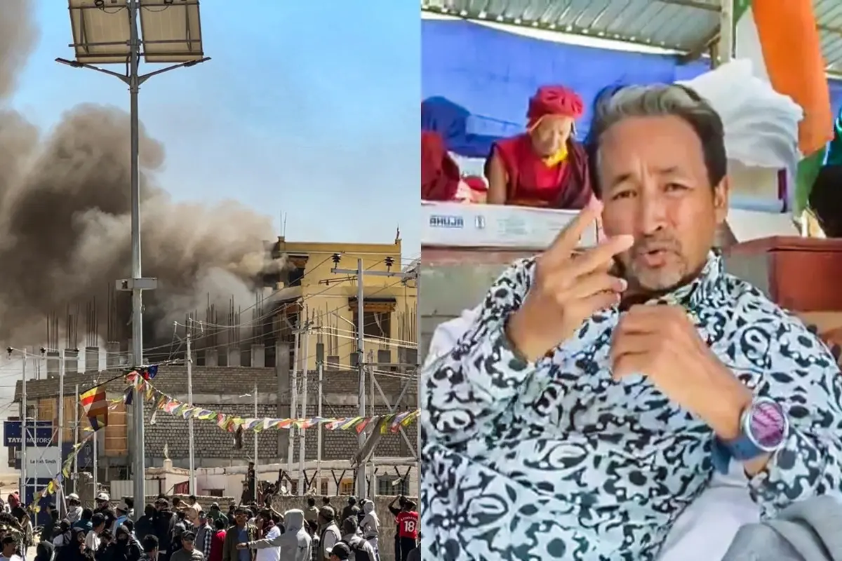 People gather outside the burning BJP office building after it was set ablaze by protesters during a demonstration demanding statehood for Ladakh and its inclusion under the Sixth Schedule, in Leh and Environmentalist Sonam Wangchuk | Photo: PTI, ANI