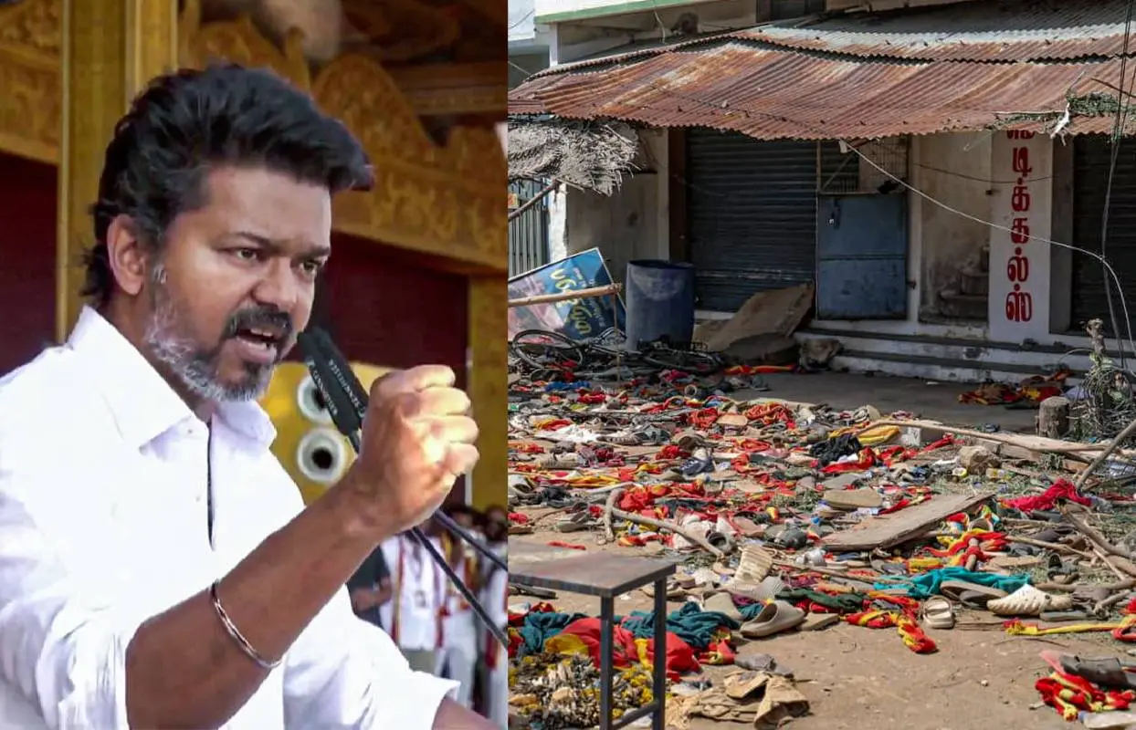 വിജയ്, കരൂര് ദുരന്തസ്ഥലത്തുനിന്നുള്ള ചിത്രം | Photo: ANI, PTI