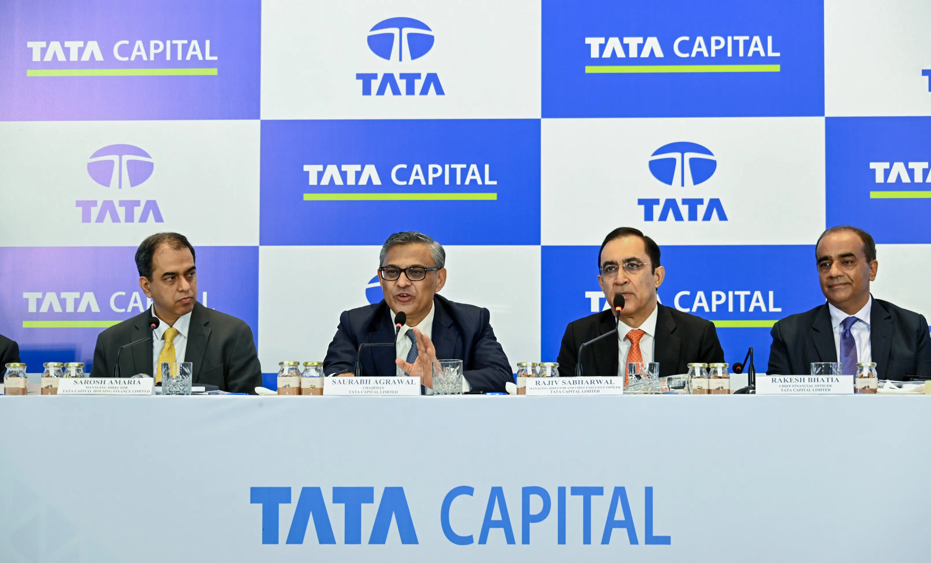 Tata Capital Housing Finance Ltd Managing Director Sarosh Amaria, Tata Capital Ltd Chairman Saurabh Agrwal, Tata Capital Ltd MD and CEO Rajiv Sabharwal and Tata Capital Ltd Chief Financial Officer Rakesh Bhatia during a press conference, in Mumbai on Monday. | Photo: ANI