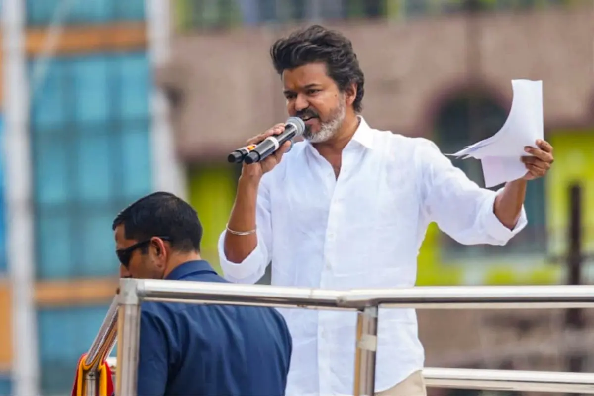 Actor and Tamilaga Vetri Kazhagam (TVK) Founder Vijay addressing the public rally in Namakkal district, Tamil Nadu, on Saturday. (PTI Photo)