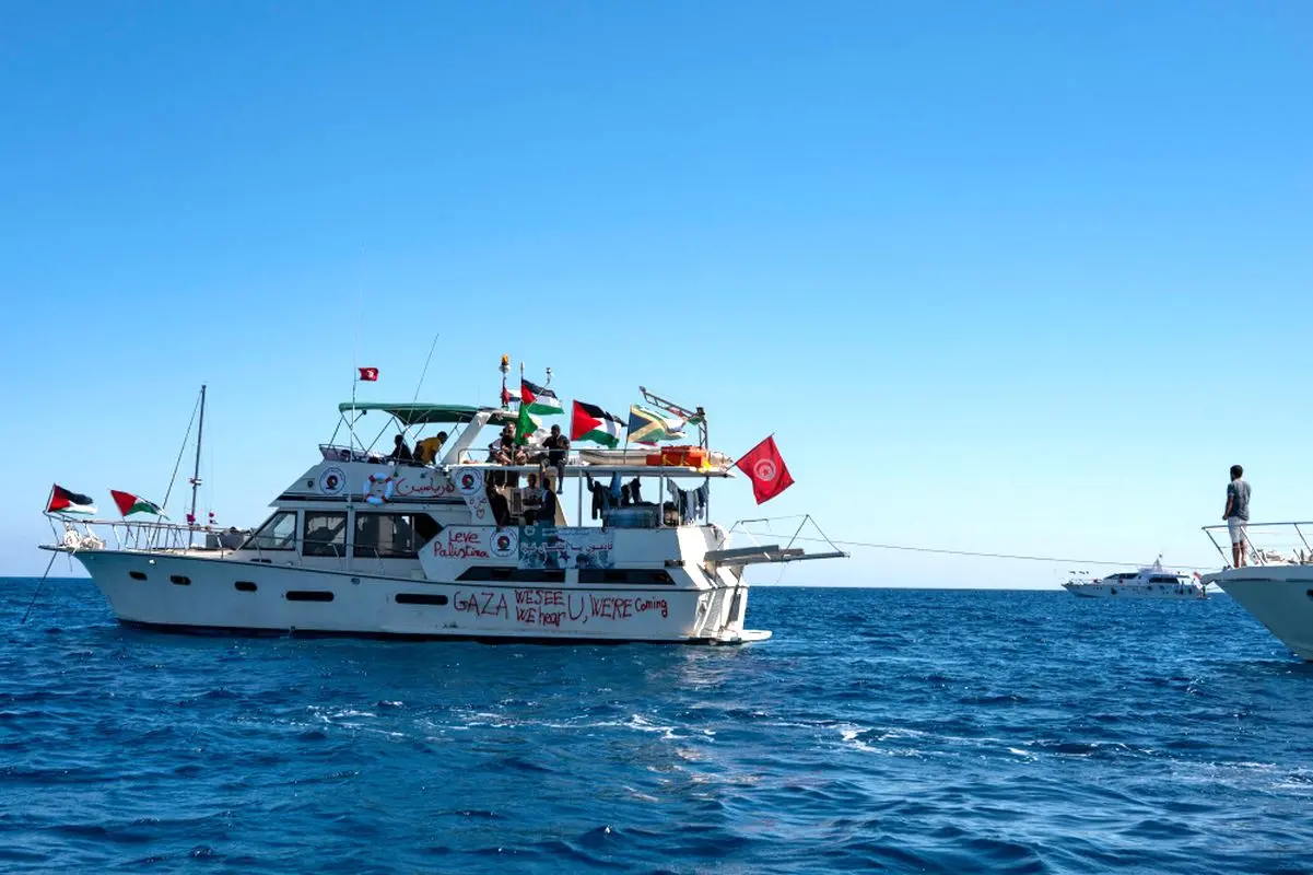 File photo taken four days ago shows a group of ships of the Global Sumud Flotilla to Gaza moored at the small island of Koufonisi, south of the island of Crete. Photograph: Eleftherios Elis/AFP
