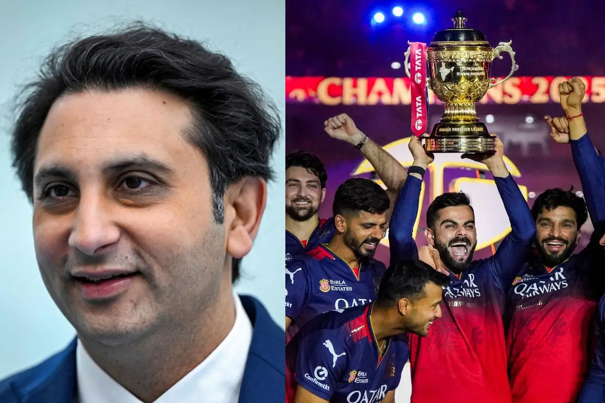 Adar Poonawalla (L), RCB holding the IPL 2025 championship trophy (R) | File photo: AFP, PTI