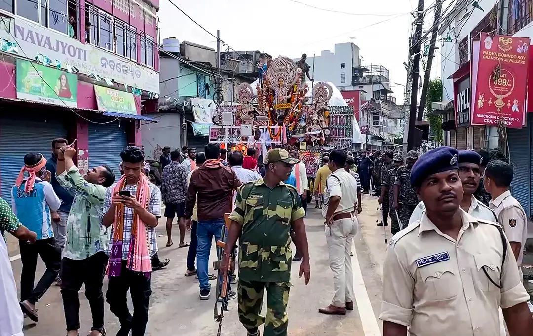 Heavy police force deployed after a clash erupts during Durga Puja immersion, in Cuttack, Odisha. | Photo: PTI