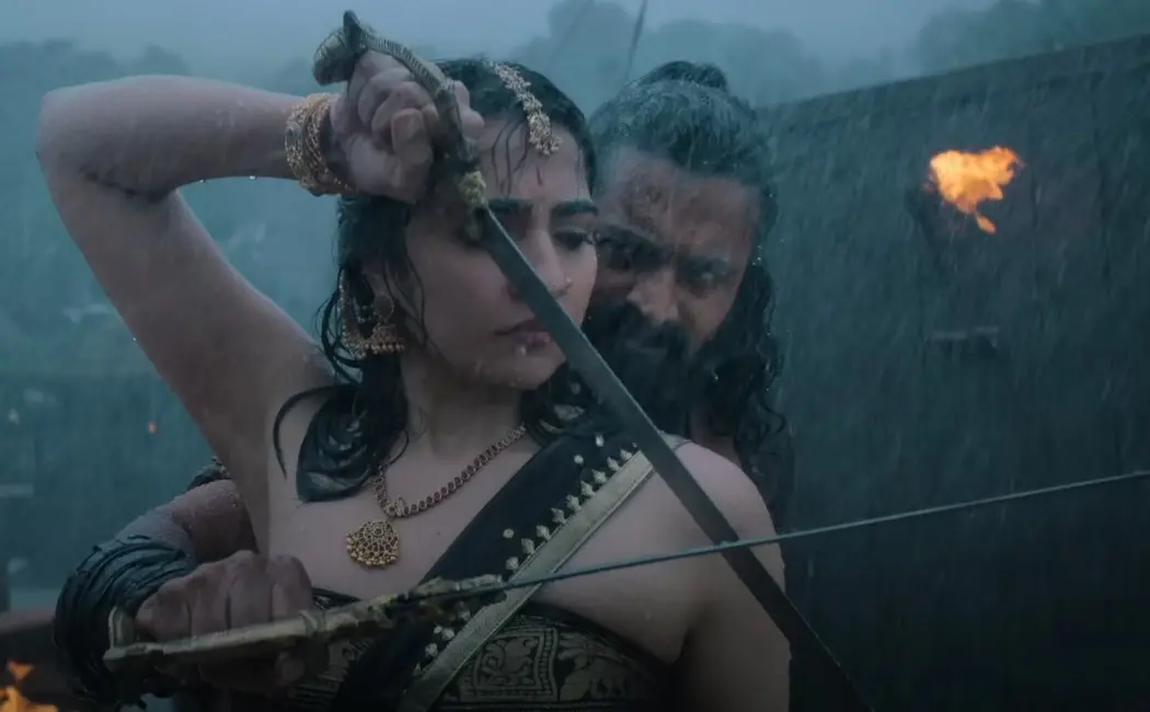 Rukmini Vasanth and Rishab Shetty in Kantara: Chapter 1