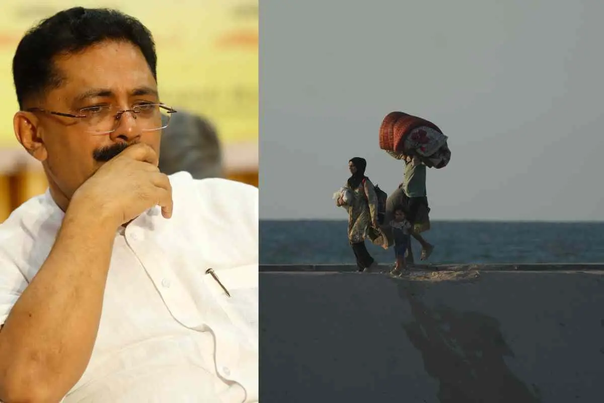 കെ.ടി ജലീല് (ഫോട്ടോ: മാതൃഭൂമി), ഗാസയില് നിന്നുള്ള പലായനചിത്രം(ഫോട്ടോ: AFP)