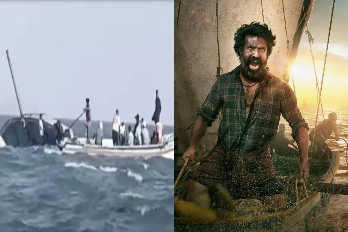 1. മണ്ടാടി എന്ന ചിത്രത്തിന്റെ ചിത്രീകരണത്തിനിടെ ബോട്ട് മറിഞ്ഞപ്പോൾ 2. 'മണ്ടാടി'യിൽ സൂരി | ഫോട്ടോ: സ്ക്രീൻഗ്രാബ്, X