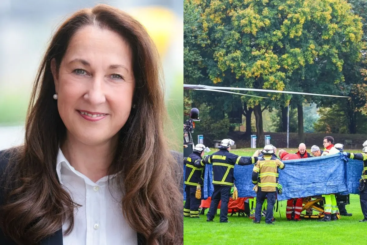 Firefighters and rescue workers transport Iris Stalzer, the newly elected mayor of Herdecke, on a stretcher before she is airlifted via helicopter, in Herdecke, western Germany | Photo: AFP/AP