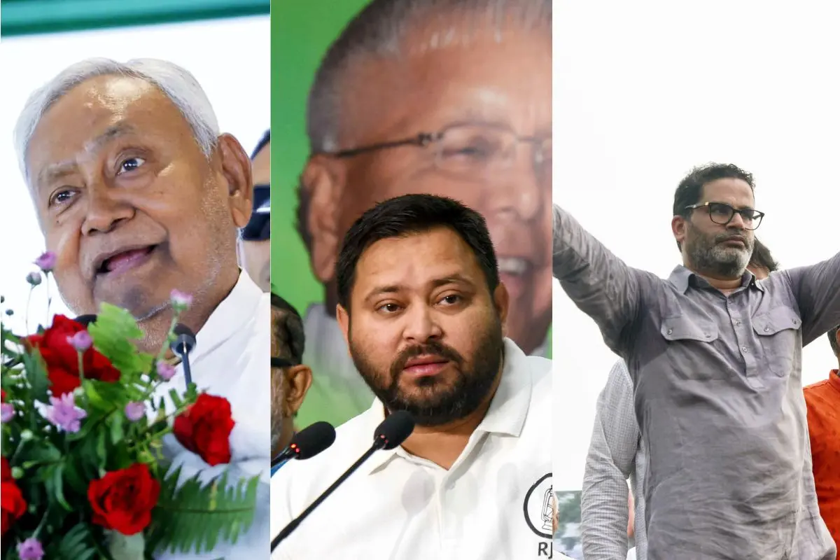 From left: Chief Minister Nitish Kumar, RJD leader Tejashwi Yadav, and political strategist-turned-contender Prashant Kishor - the three key faces shaping Bihar's high-voltage 2025 election battle. Photos: PTI/ANI