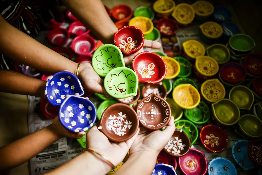 Decorated earthen lamps used as part of the 'Diwali' festival