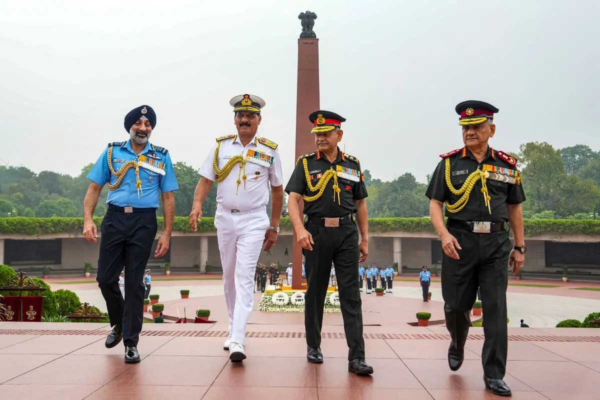Chief of Defence Staff (CDS) General Anil Chauhan, Chief of the Army Staff (COAS) General Upendra Dwivedi, Chief of the Naval Staff (CNS) Admiral Dinesh K. Tripathi and Chief of the Air Staff (CAF) Air Chief Marshal A. P. Singh at the National War Memorial after paying tribute on the 93rd Indian Air Force Day, in New Delhi. | Photo: PTI