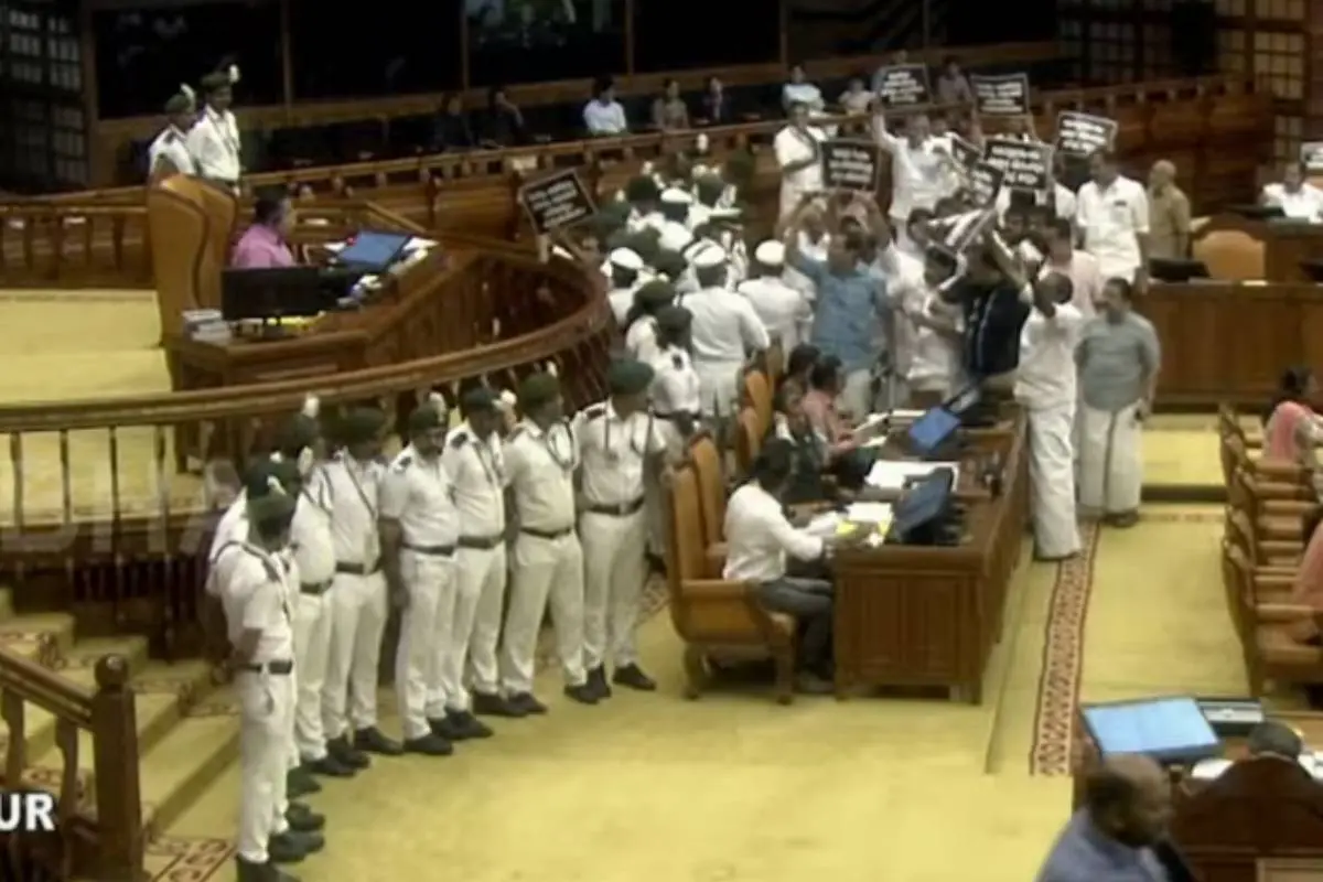 Legislative opposition protesting near the Speaker's dais | Photo: Screengrab, Sabha TV