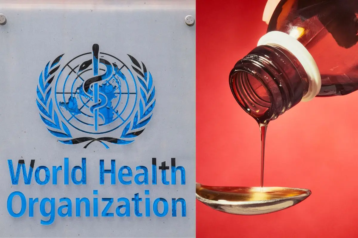 The logo and building of the World Health Organization (WHO) headquarters in Geneva, Switzerland (L), representative image of cough syrup (R) | File photo: AP, Canva