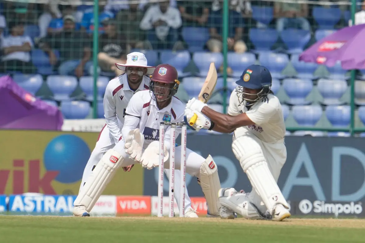 India's Sai Sudharsan plays a shot on the first day of the second cricket test match between India and West Indies at the Arun Jaitley Stadium in New Delhi. | Photo: AP