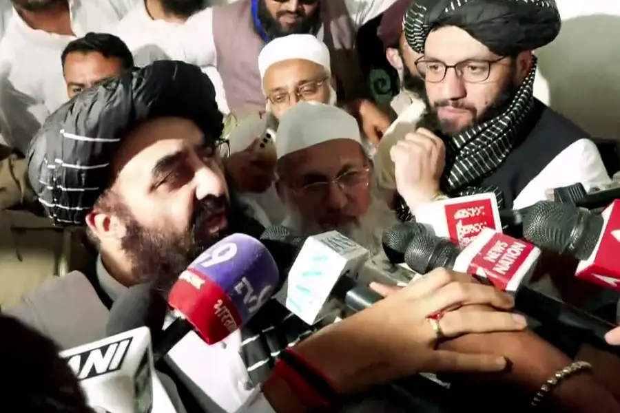 Afghanistan's Foreign Minister Mawlawi Amir Khan Muttaqi speaks to the media on his arrival at Darul Uloom in Deoband, in Saharanpur on Saturday. (ANI Video Grab)