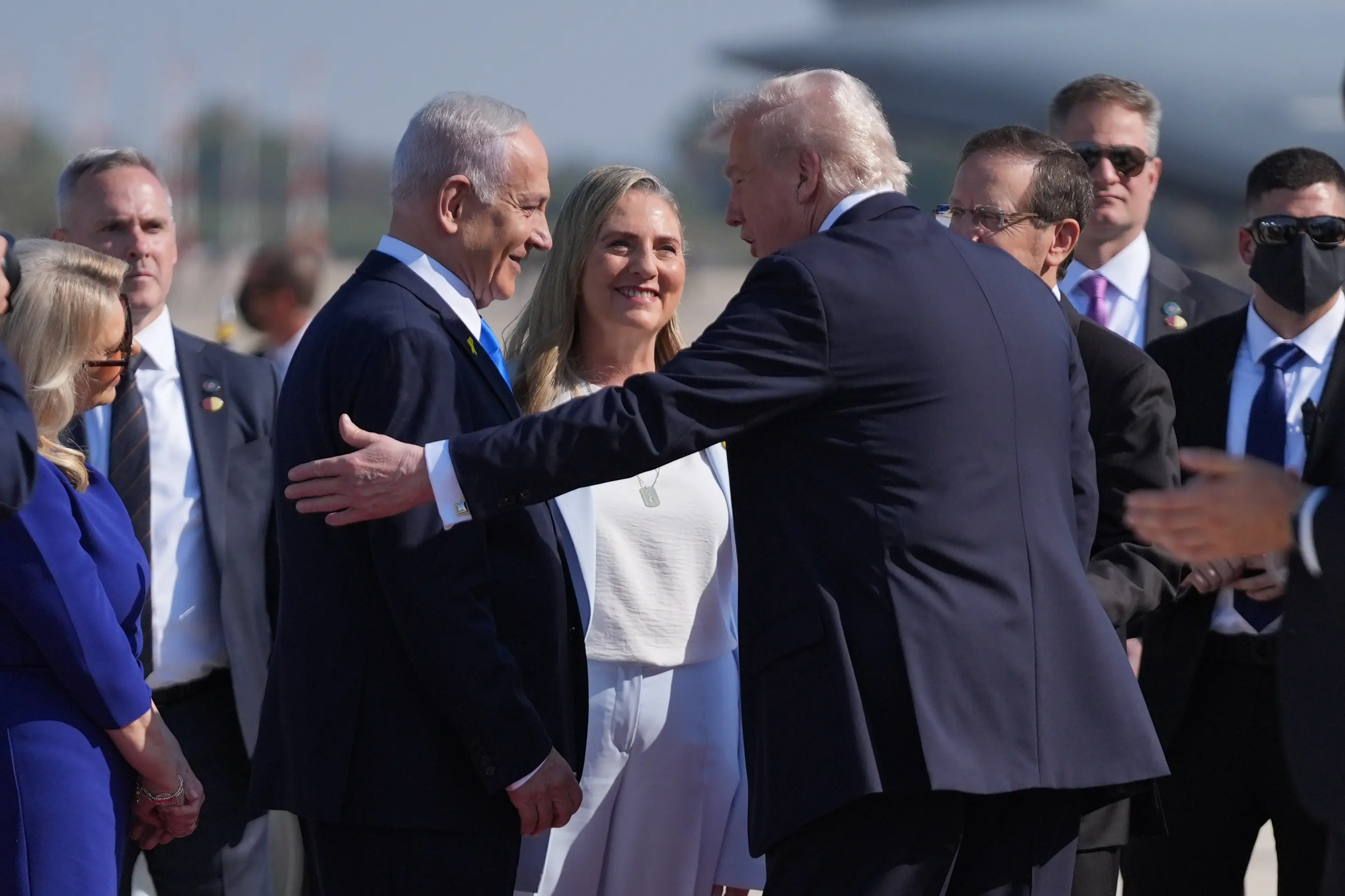 President Donald Trump greets Israel's Prime Minister Benjamin Netanyahu as he arrives at Ben Gurion International Airport | AP