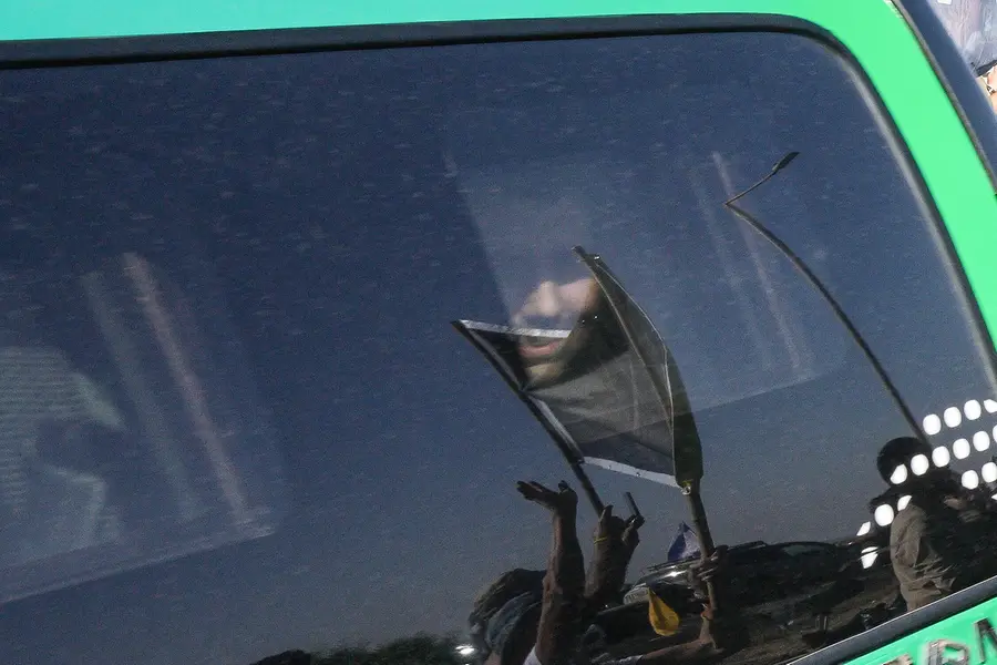 A vehicle carrying hostages who were released by Hamas from the Gaza Strip