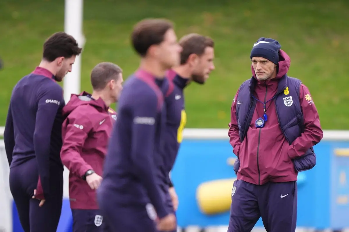 England manager Thomas Tuchel, right, during a training session at St George's Park, Burton upon Trent, England. | Photo: AP