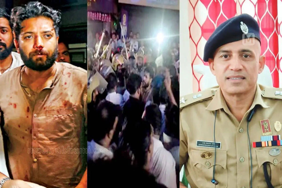 Injured MP Shafi Parambil; footage of Shafi being lathi-charged; Kozhikode Rural SP K E Baiju | Photo: Mathrubhumi
