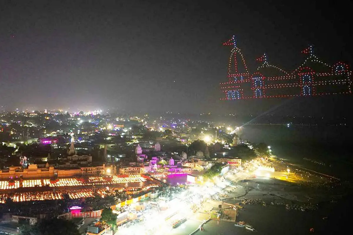 File Photo: Drones illuminate the sky above the 'Ram ki Paidi' on the banks of the Saryu river during 'Deepotsav 2024' | PTI