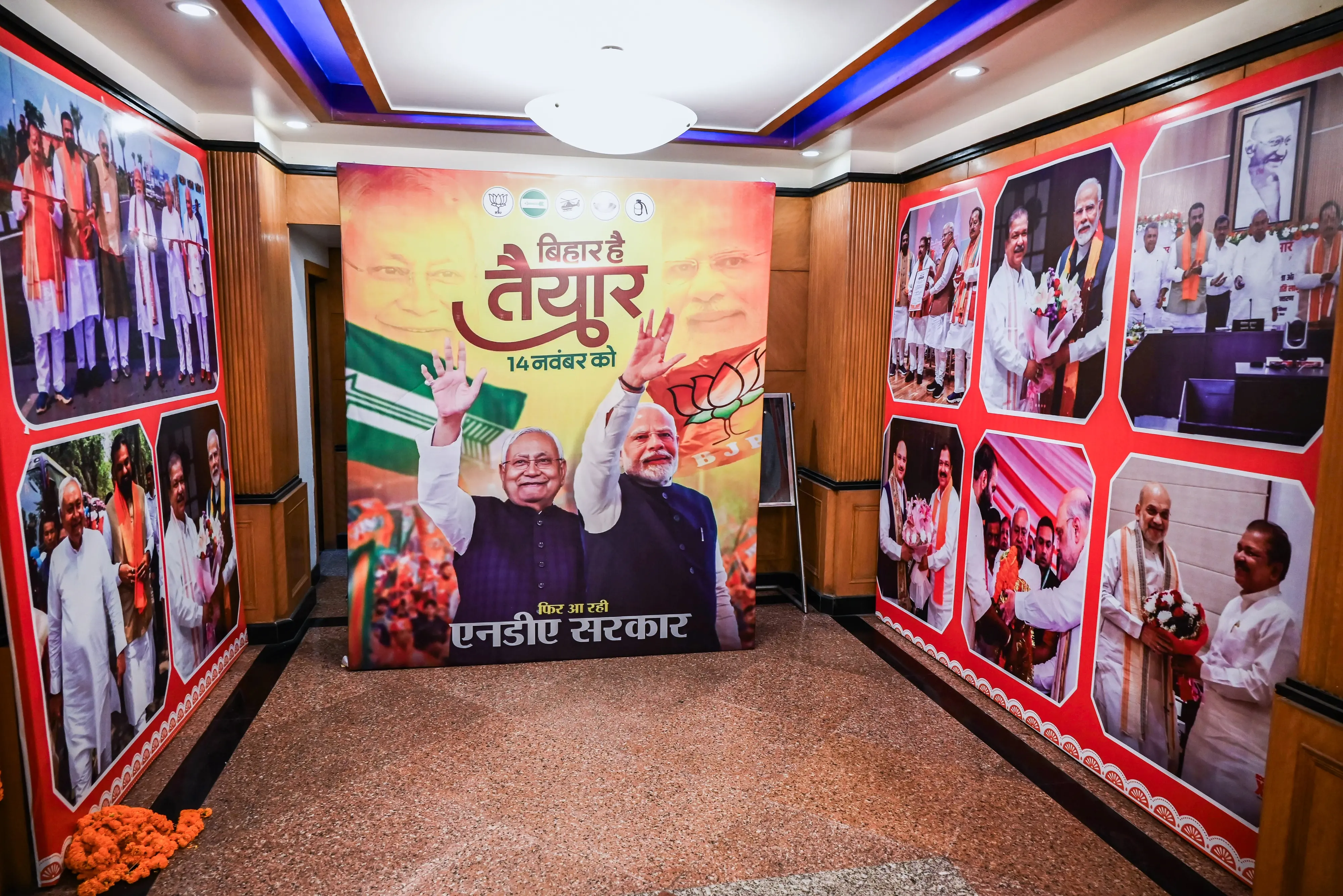 Posters of the National Democratic Alliance (NDA) installed at the BJP media centre ahead of the Bihar Legislative Assembly election, in Patna on Wednesday. | Photo: ANI