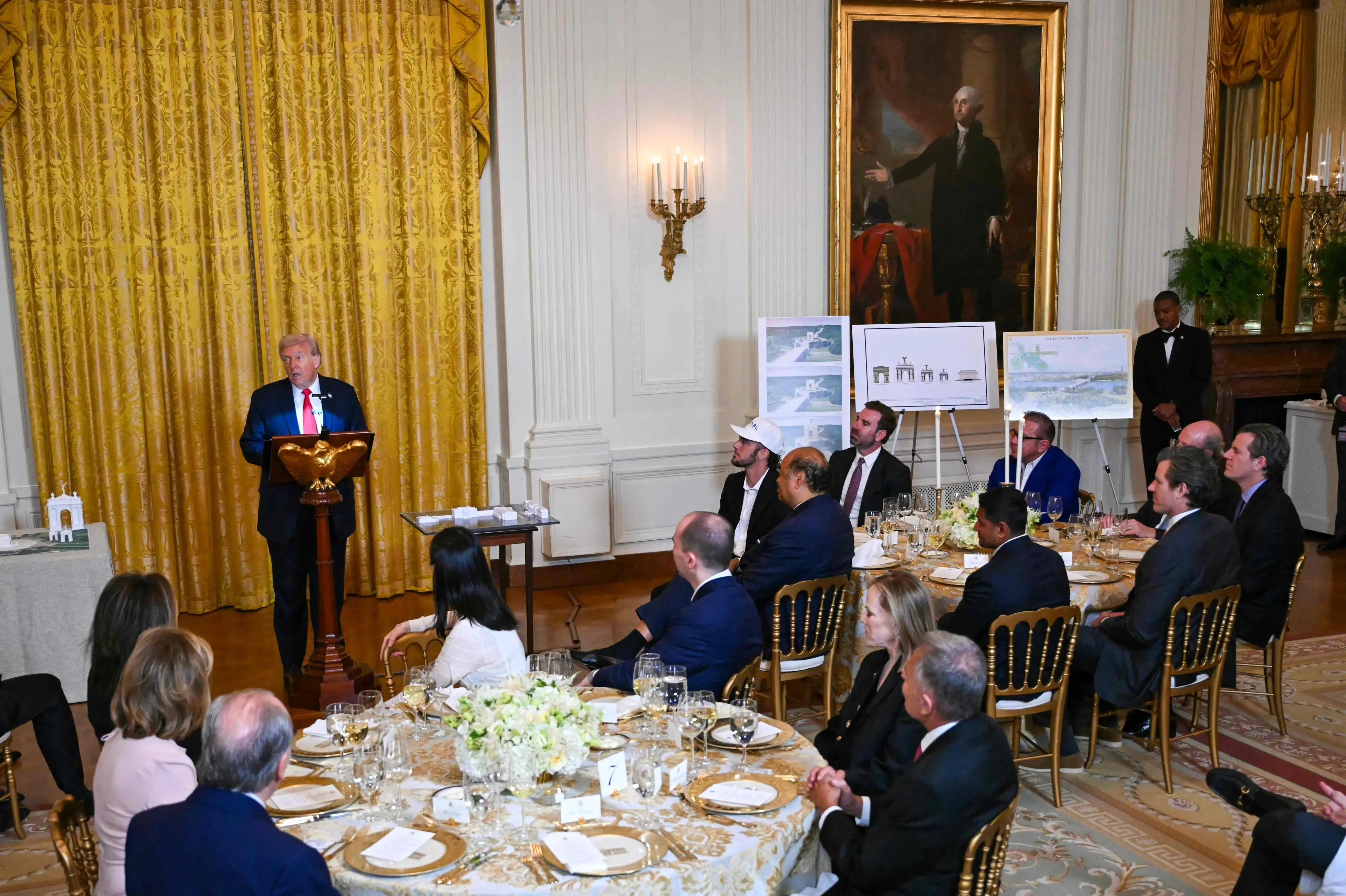 US President Donald Trump speaks during a dinner with ballroom donors in the East Room of the White House in Washington | Photo: AFP