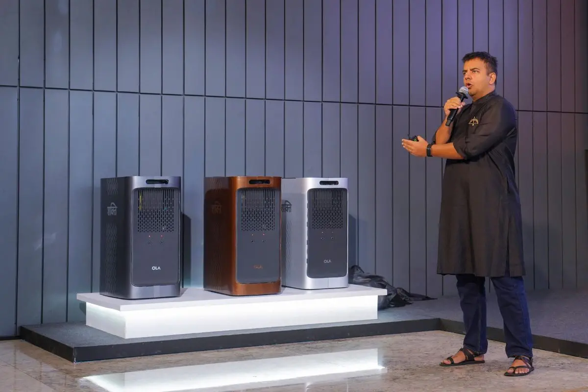 Chairman and Managing Director of Ola Electric Bhavish Aggarwal speaks during the launch of the battery energy storage systems 'Ola Shakti'