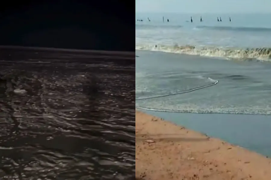 sea dramatically receded along Kozhikode South Beach on Wednesday night (left), exposing large stretches of seabed. By Thursday morning (right), the water had returned