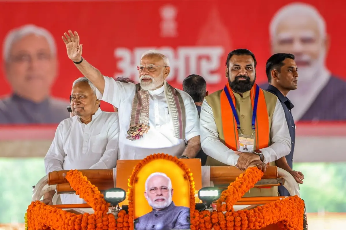 Prime Minister Narendra Modi, Bihar Chief Minister Nitish Kumar and Deputy CM Samrat Choudhary during a public meeting, in Gayaji