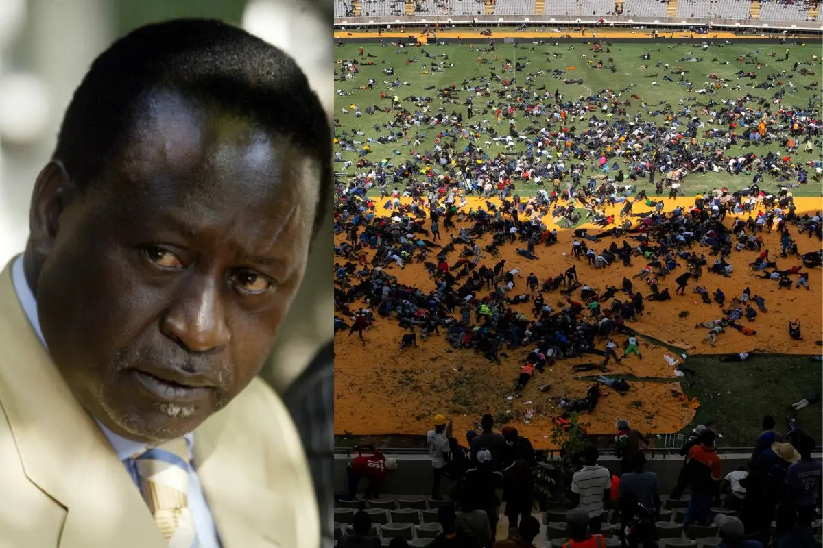 Raila Odinga (L), Supporters and mourners of Kenyan opposition leader Raila Odinga take cover after gunshots and teargas were fired during a gathering for the public viewing of his coffin at the Kasarani Stadium in Nairobi (R) | Photo: AP, AFP
