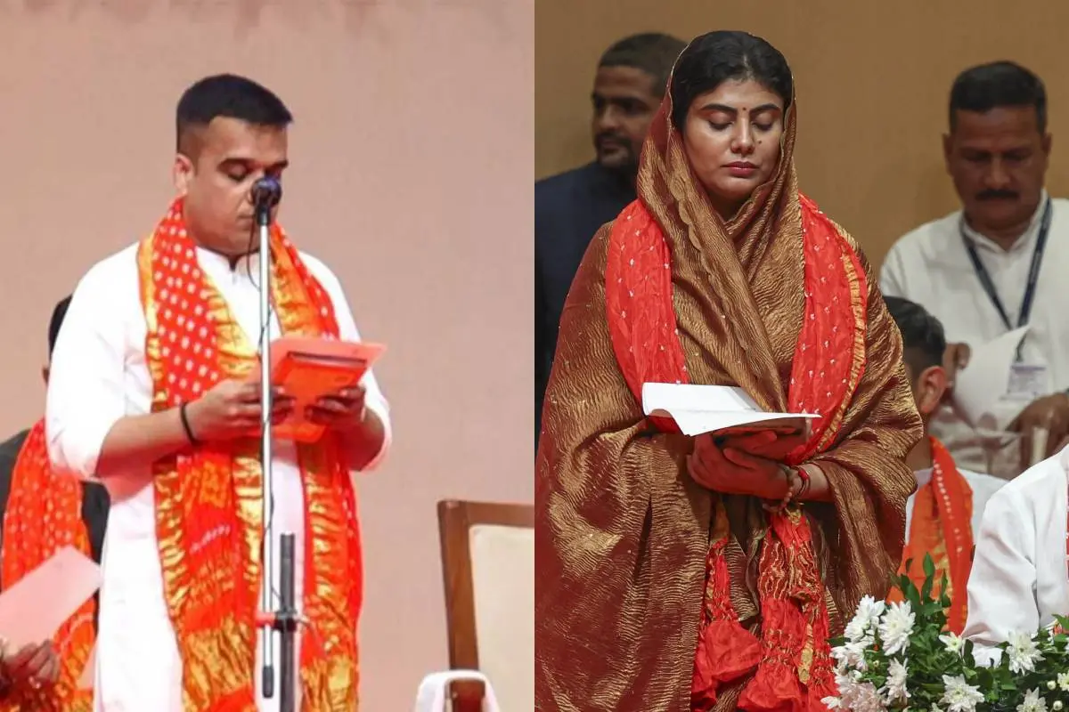 ഹര്ഷ് സംഘ്വി, റിവാബ ജഡേജ എന്നിവര് സത്യപ്രതിജ്ഞ ചെയ്യുന്നു | Photo: ANI & PTI