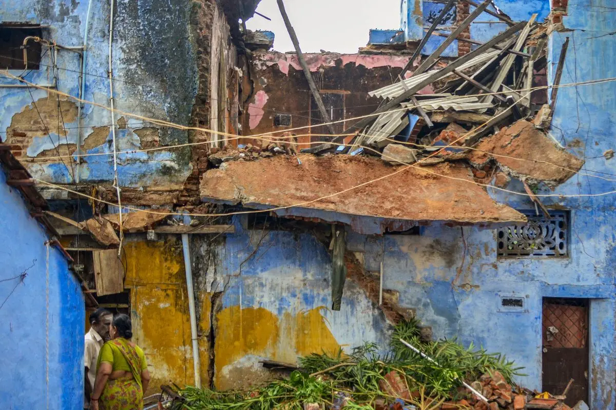 Premises of a house partially collapsed after heavy rainfall, in Tirunelveli, Tamil Nadu, Friday, Oct. 17, 2025 (Photo: PTI)