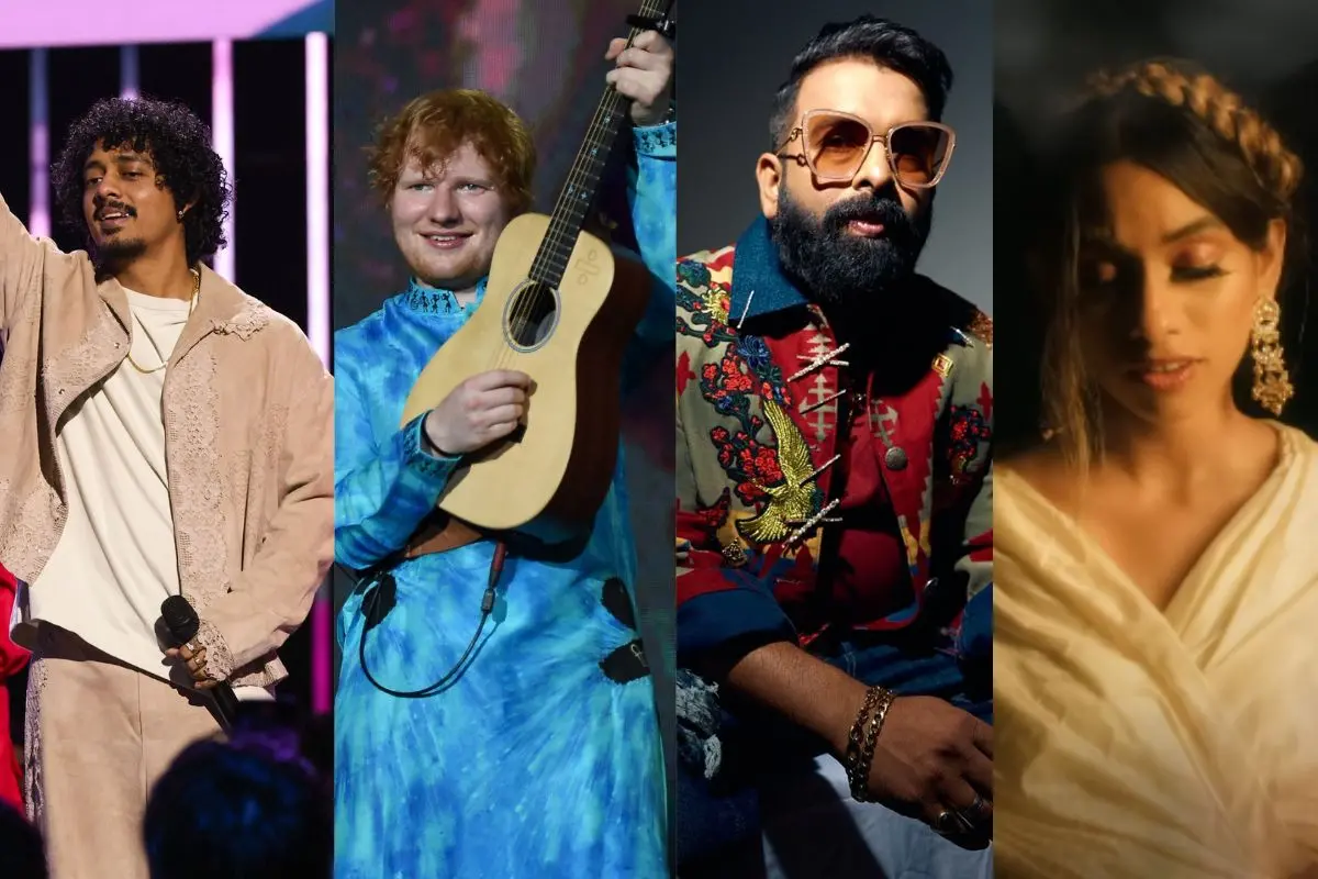 Rapper Hanumankind, British singer-songwriter Ed Sheeran, music composer Santhosh Narayanan, and singer Dhee | Photo: Getty Images, PTI, X, YouTube