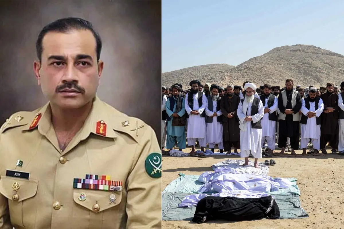 Asim Munir (L), Relatives of victims who died amid cross-border clashes between Afghanistan and Pakistan offer prayers during a funeral ceremony