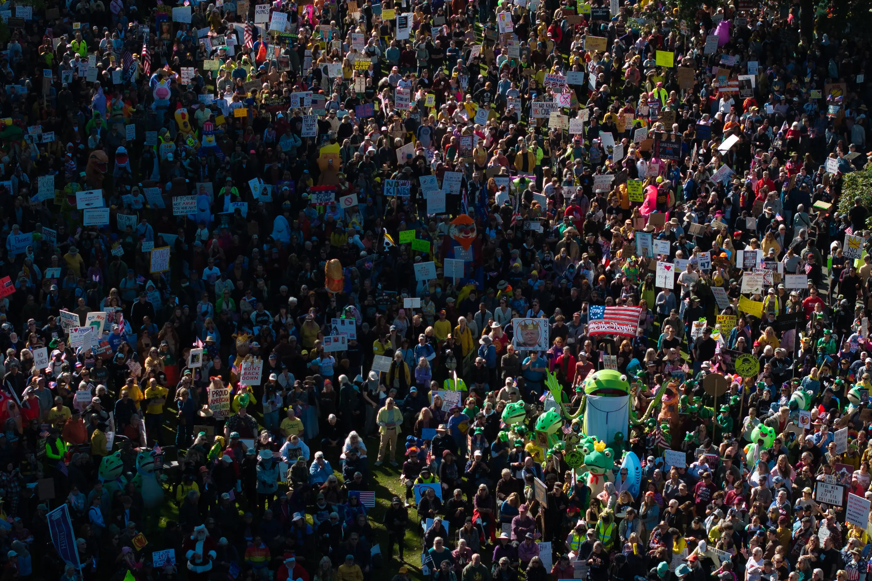 People gather along a waterfront park during a "No Kings" protest in Portland | Photo: AP