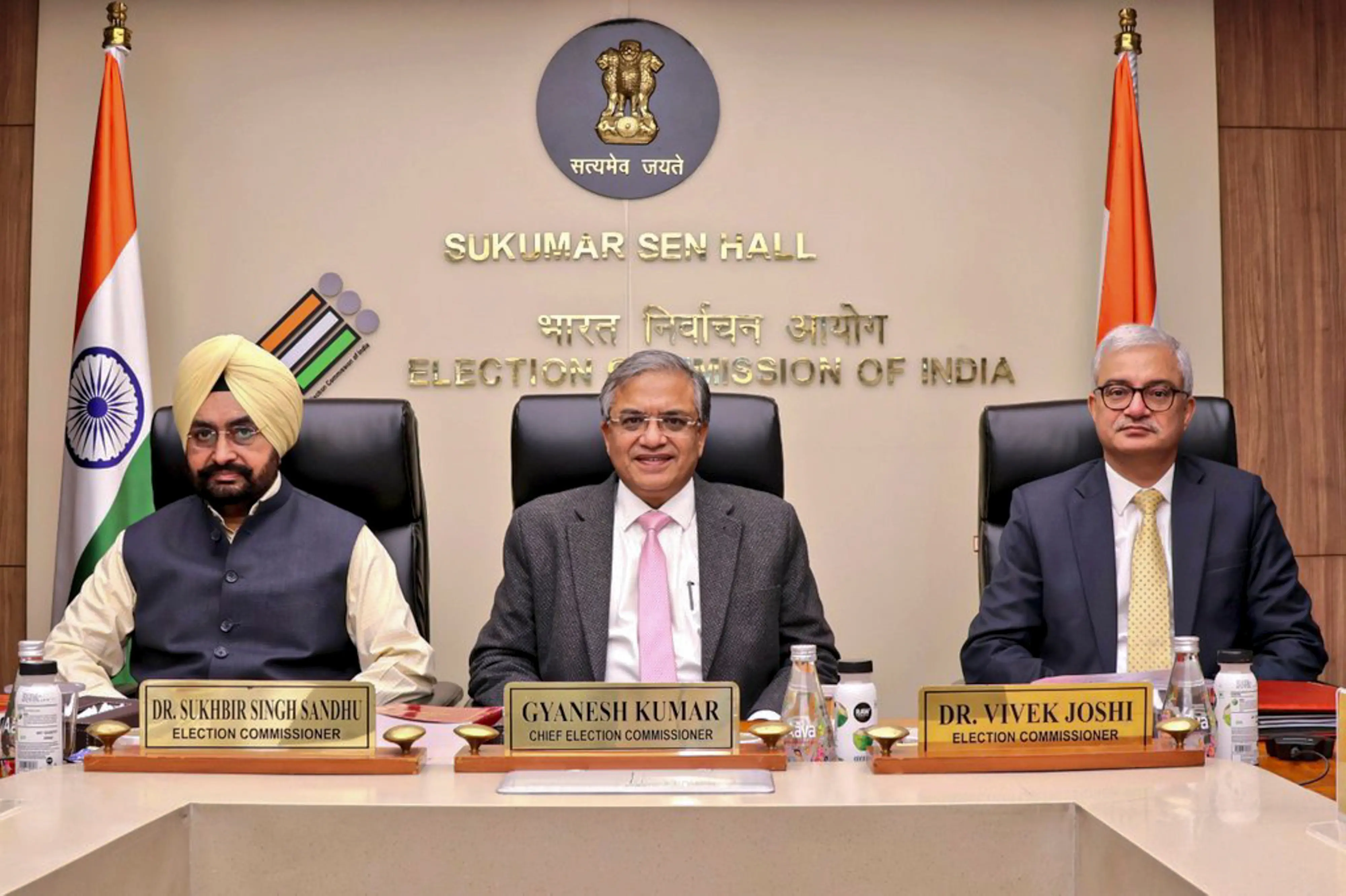Chief Election Commissioner (CEC) Gyanesh Kumar with Election Commissioners Sukhbir Singh Sandhu and Vivek Joshi during a meeting with the heads of enforcement agencies and forces as part of preparations for the upcoming Bihar Assembly elections. | Photo: PTI