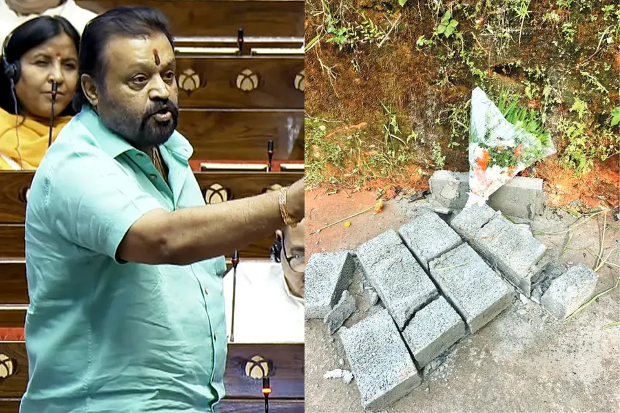 കേന്ദ്രമന്ത്രി സുരേഷ് ഗോപി ഉദ്ഘാടനം ചെയ്ത റോഡിന്റെ ശിലാഫലകം അന്നുതന്നെ തകര്ത്തു; പുഷ്പചക്രം വെച്ചു