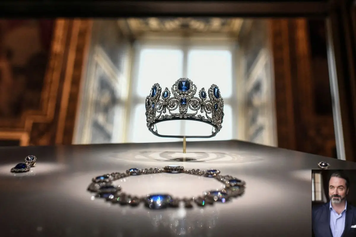 File photograph shows the 'parure de la reine Marie-Amelie et de la Reine Hortense' (set of jewelry of Queen Marie-Amelie and Queen Hortense). Photograph: Stephane De Sakutin/AFP. (Inset) Joachim Charles Napoleon Murat