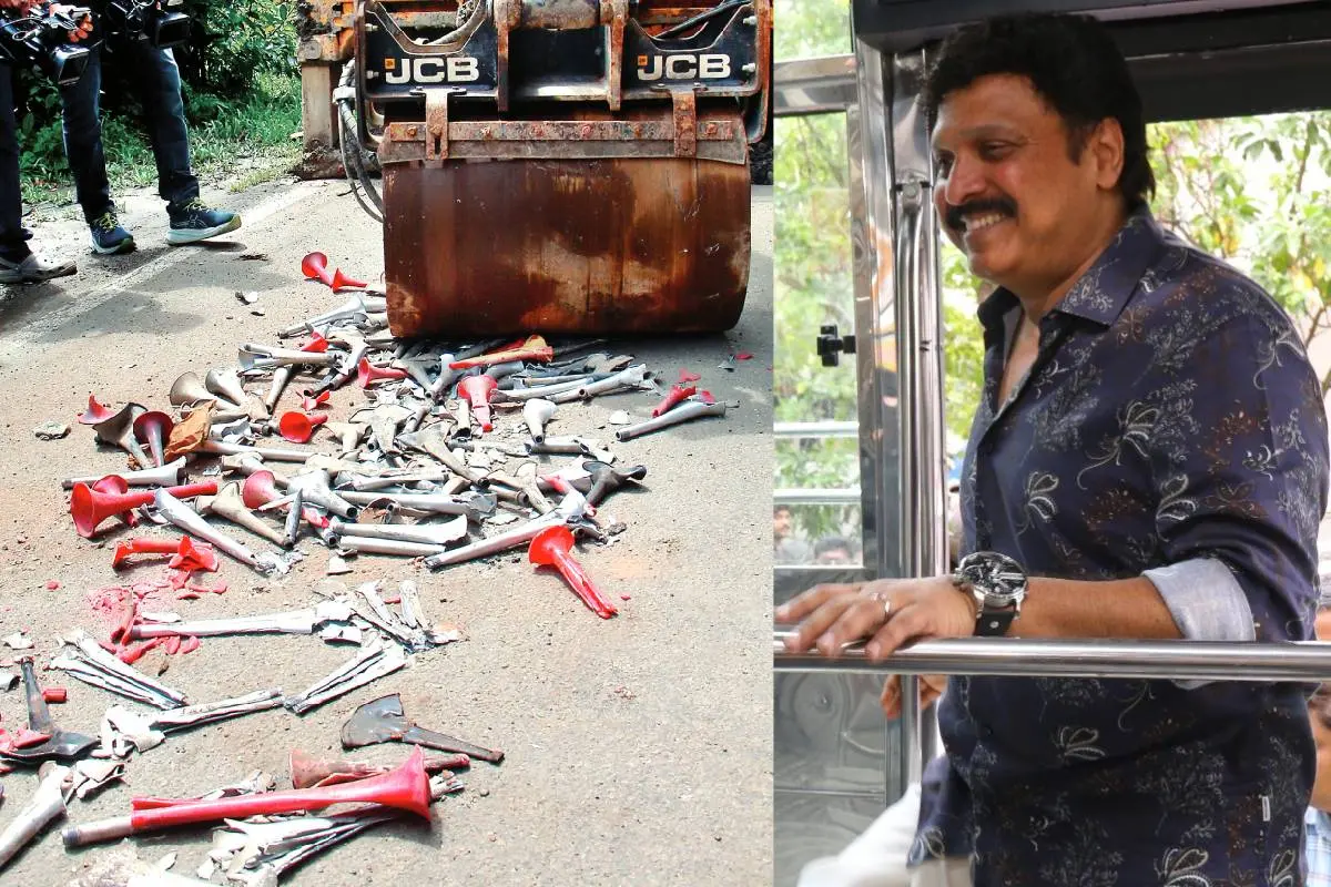 പിടിച്ചെടുത്ത ഹോണുകൾ നശിപ്പിക്കുന്നു, ഗതാഗത വകുപ്പ് മന്ത്രി കെ.ബി.ഗണേഷ് കുമാര്‍ | ഫോട്ടോ: മാതൃഭൂമി
