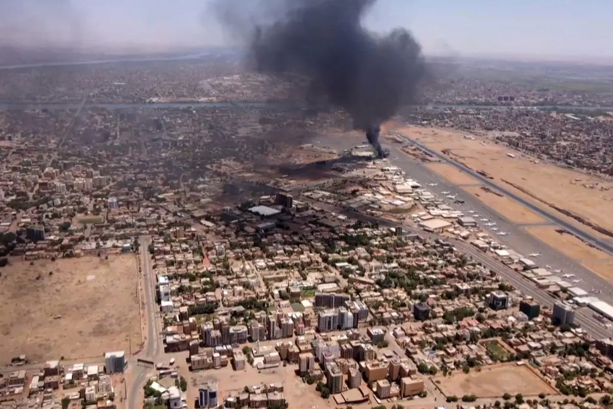 File Photo: aerial view of black smoke rising above the Khartoum International Airport (April 20, 2023)