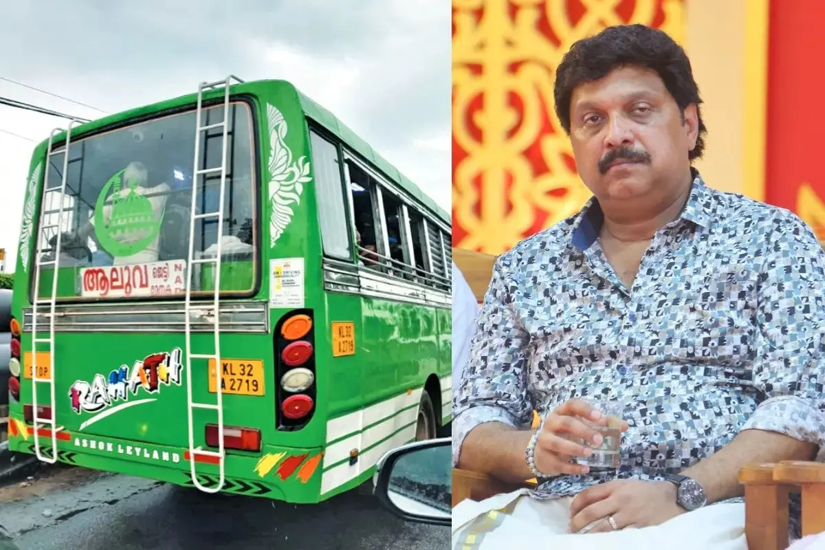 The bus that violated the traffic rules(left), Transport Minister Ganesh Kumar(right)
