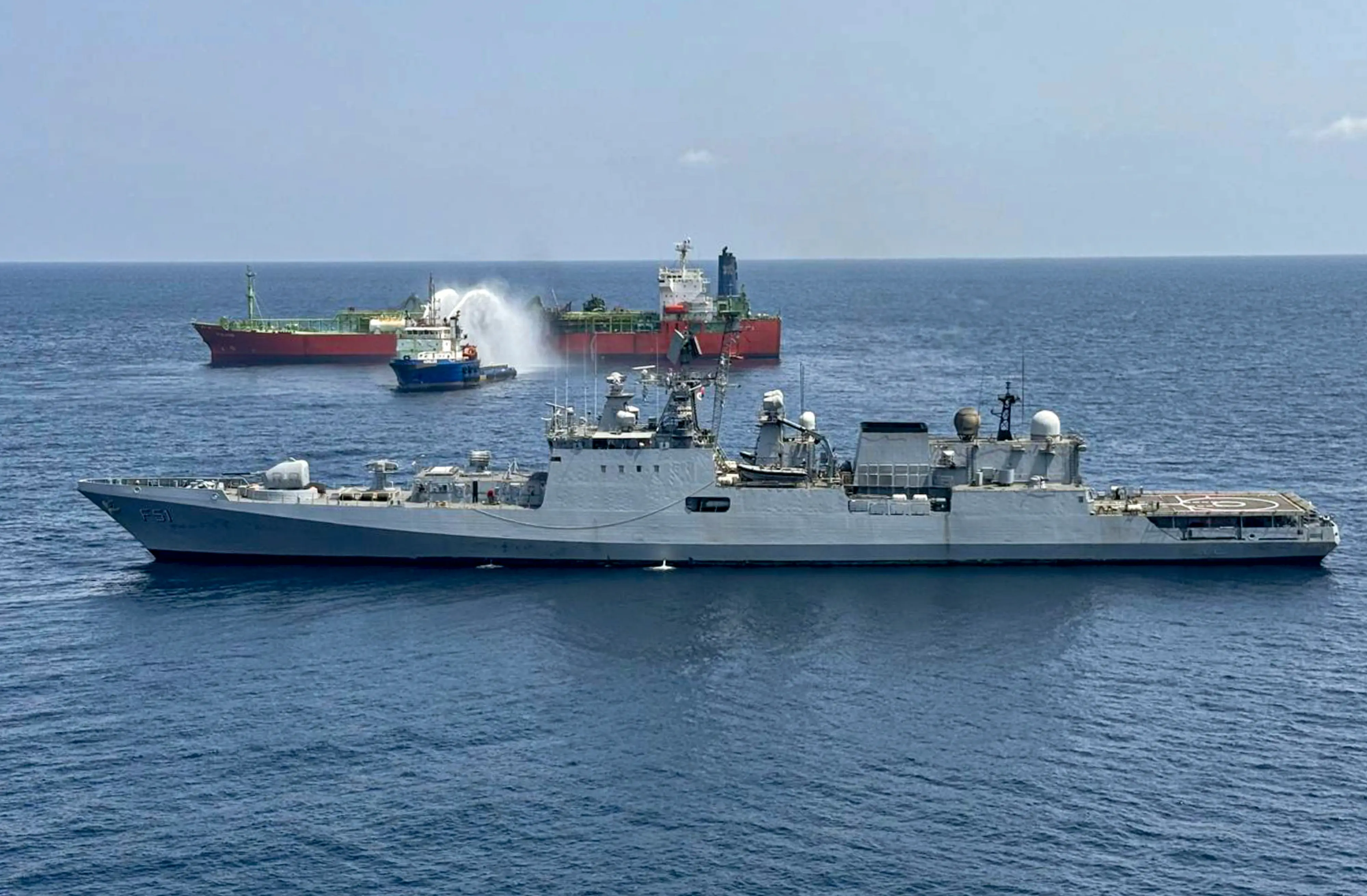 Indian Navy's warship INS Trikand during rescue operations after a fire broke out on Cameroon-flagged LPG carrier MT Falcon  | PTI