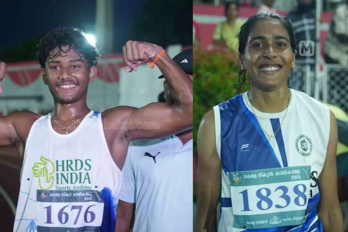 സീനിയര്‍ ആൺകുട്ടികളുടെ 100 മീറ്ററില്‍ ഒന്നാമതായി എത്തിയ നിവേദ് കൃഷ്ണയും പെൺകുട്ടികളുടെ സീനിയര്‍ വിഭാഗത്തില്‍ ഒന്നാമതായി എത്തിയ ആദിത്യ അജിയും |ഫോട്ടോ:പ്രവീൺ ദാസ്‌