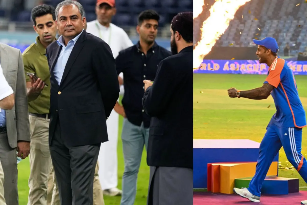 From (L) Mohsin Naqvi, Indian skipper Suryakumar Yadav 'imitates' lifting the trophy. | File Photos: Agencies