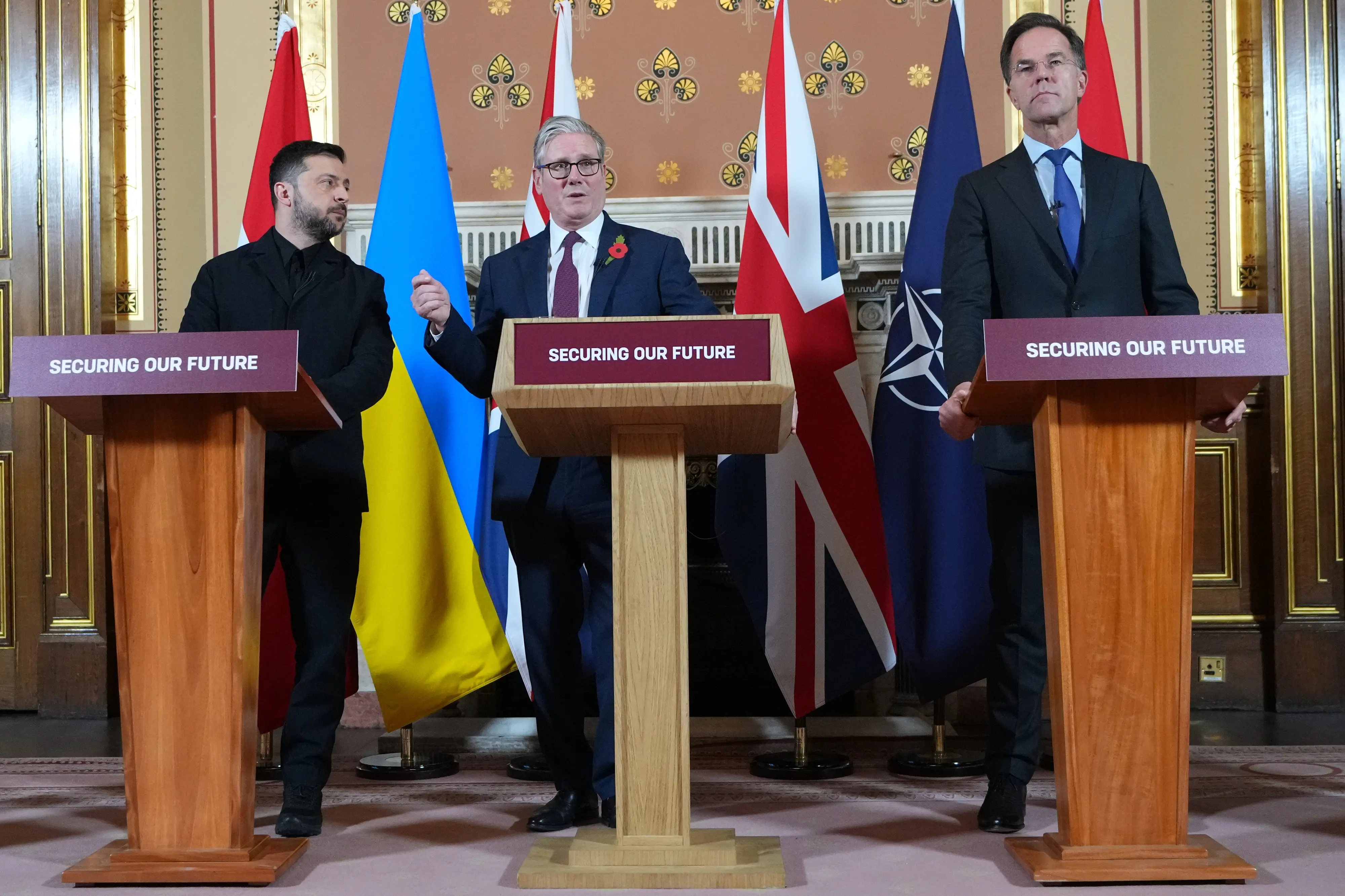 Ukraine's President Volodymyr Zelenskyy, from left, Britain's Prime Minister Keir Starmer and NATO Secretary General Mark Rutte  | AP